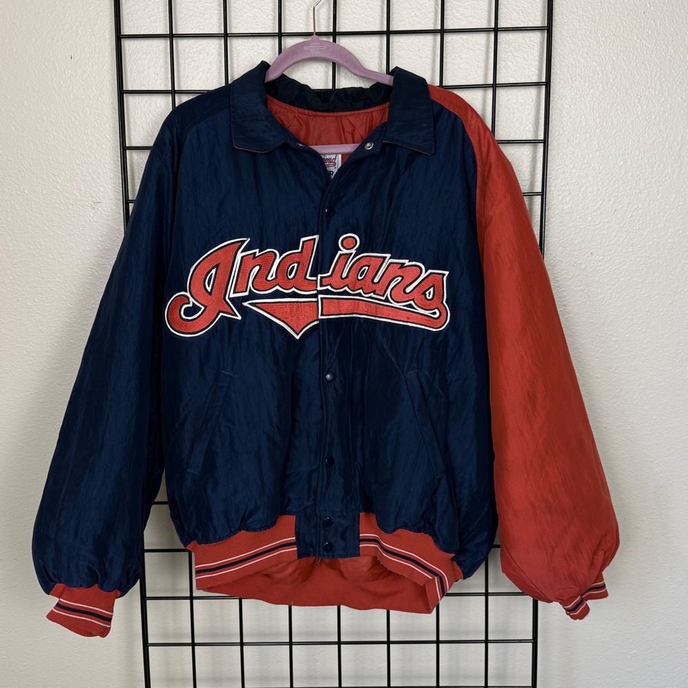 Vintage 90s Starter Cleveland Indians Jacket Mens XL Navy Red Diamond Collection
